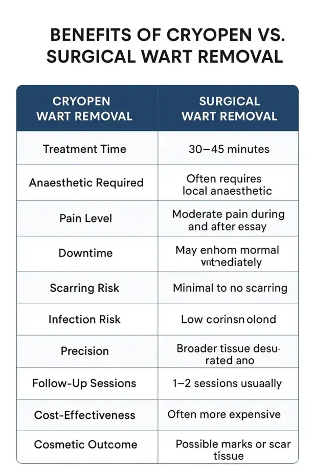 Table showing the benefits of cryopen to remove warts Stoke-upon-Trent compared to surgical treatment